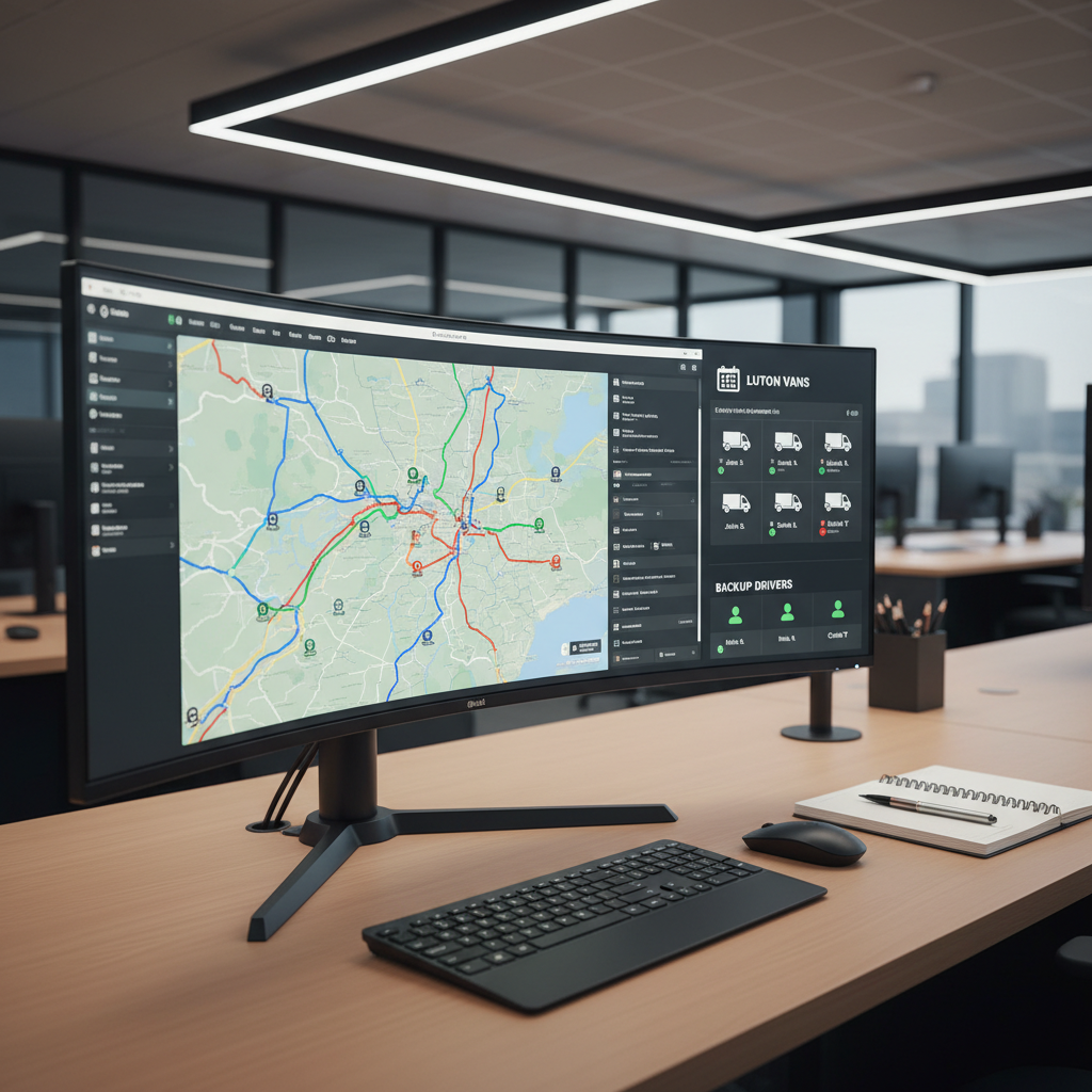 A bright, organized operations desk in a logistics control room, featuring a large ultra-wide monitor displaying a detailed digital map of Yorkshire with multiple delivery routes highlighted in different colors. Next to it, a secondary screen shows a schedule of Luton van assignments and backup driver availability, represented by clean, icon-based graphics. A sleek black keyboard, wireless mouse, and a tidy notebook with a metal pen rest on a matte wood surface. Cool, even LED office lighting casts minimal shadows, emphasizing clarity and precision. Photographic realism at eye level, with a shallow depth of field that softens the distant background, creating a focused, professional atmosphere that suggests careful delivery planning and coordination.